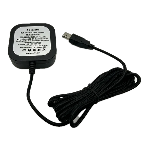 GeoAstra RTU608BT Industrial-Grade USB/Bluetooth RTK GNSS Receiver (ZED-F9P Multi-Band RTK, 30 cm Standalone Accuracy, up to 1.4 cm with RTK, Nylon Braided USB Cable, IP67 Waterproof, Operating Temperature: -40℃ to +85℃)