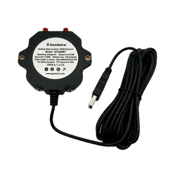 GeoAstra RTU609BT Dual RTK Heading GNSS Receiver (Dual-RTK Engine, Dual-antenna, Bluetooth and USB Dual interfaces, L1, L2 and L5 Tri-Band, up to 0.8 cm position accuracy and 0.2 ° direction accuracy)